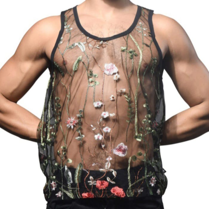 Addicted Men's Sheer Embroidery Lace Tank Top